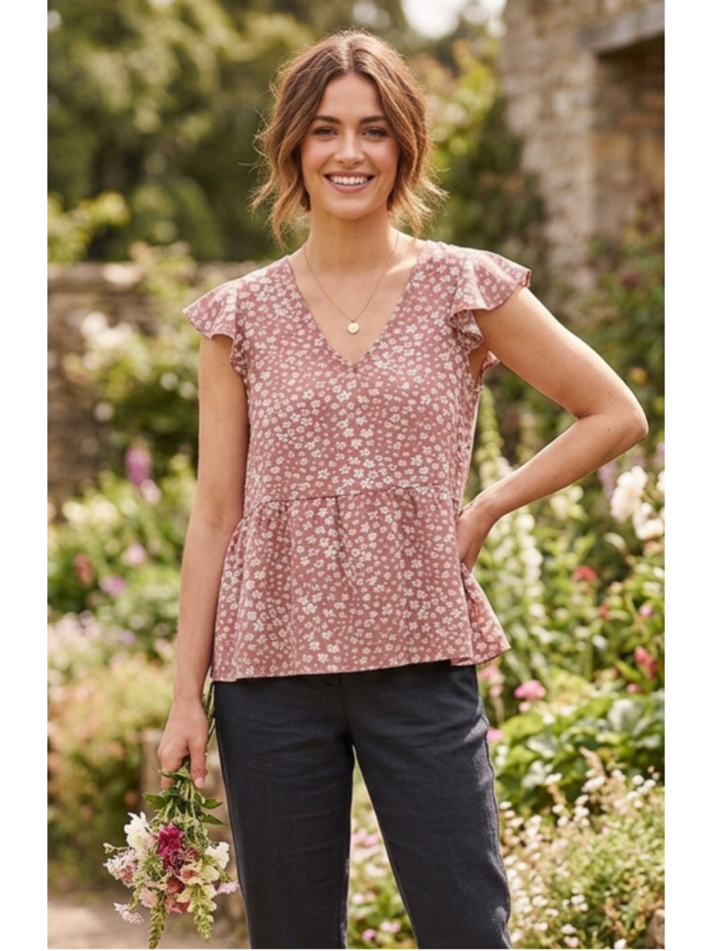 SHEIN peplum top with flutter sleeves womens size M Medium cute floral print EUC